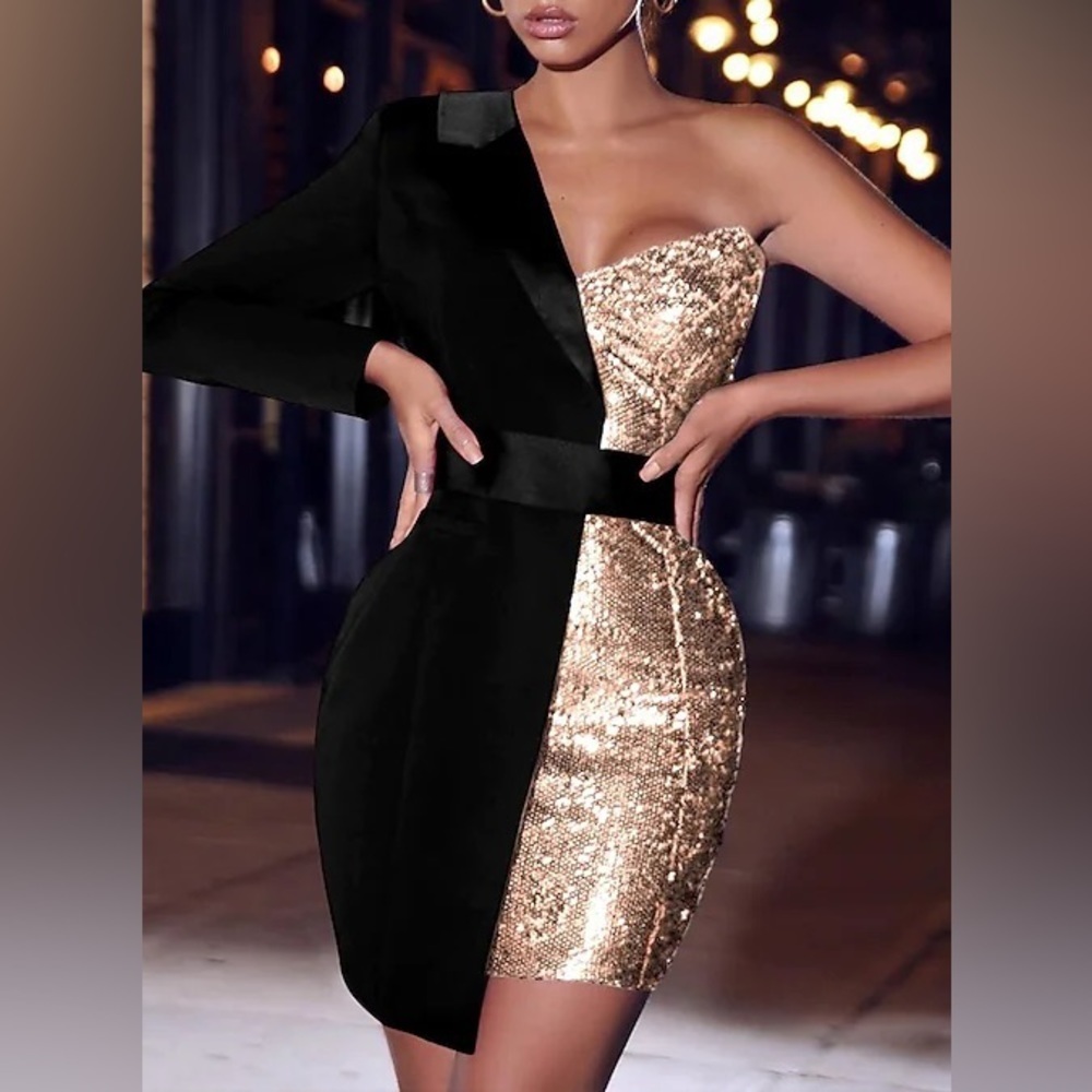 LAN TING Asymmetrical Sequin Party Tuxedo Dress